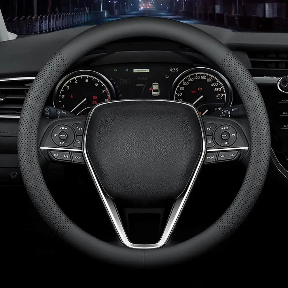 

Premium Leather Steering Wheel Cover, Non-Slip & Breathable, Universal 15 Inch Black