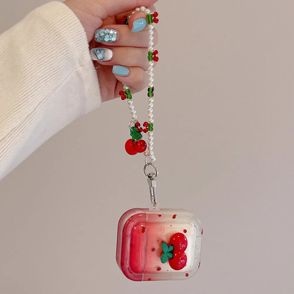Braccialetto di perle di ciliegio sfumato rosso custodia di ricarica per auricolari Bluetooth senza fili per Apple AirPods 4 1 2 Pro 2nd airPods 3 Funda