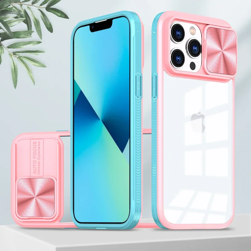 

Luxury Slide Camera Lens Protection Case For iPhone 15 14 13 12 plus 11 Pro Max Bumper Shockproof Clear Cover for 16 ProMax