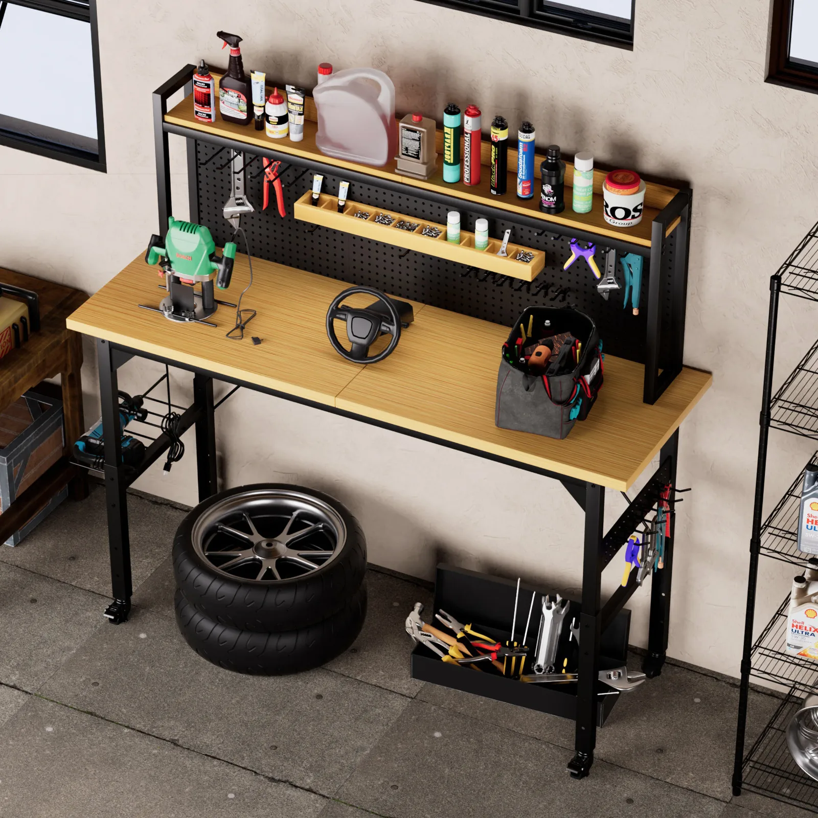 71''Adjustable Workbench with pegboard, Heavy Duty Wooden Desktop Workbench