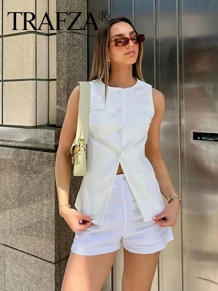 TRAFZA Set For Women 2024 Summer O Neck Slim Single Breasted Vest Top + High Waist Commute Office Lady Woman Wide Leg Shorts