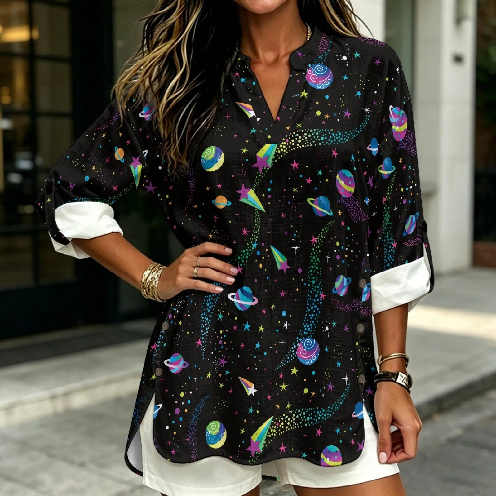 PENSTROLL Colorful Galaxy Planet Linen Like Women's Long Sleeve Tops for Vacation 3/4 Sleeve Loose Fit Blouses V Neck Shirts