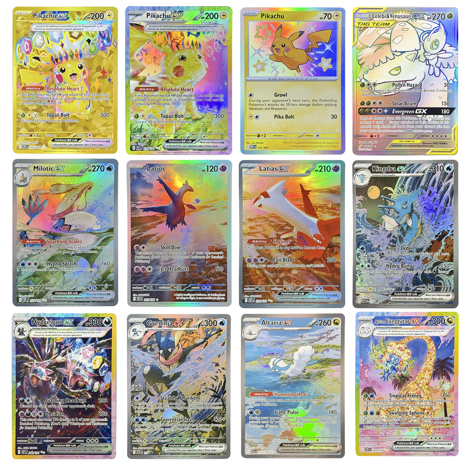 PKM 프록시 카드 Foil Latias Altaria Greninja Kingdra Pikacuu 생일 취미 희귀 컬렉션 배틀 카드 장난감 선물