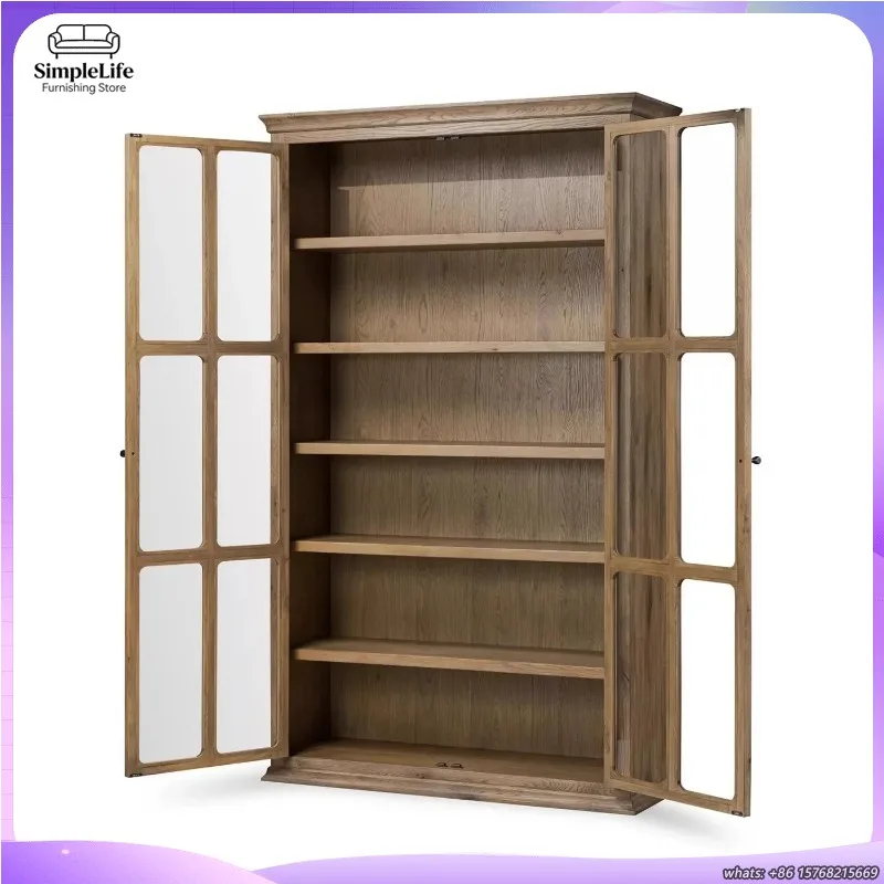 

American Style Solid Wood French Retro Wine Cabinet with Glass Doors Wall Mounted Double Door Display Storage for Living Room