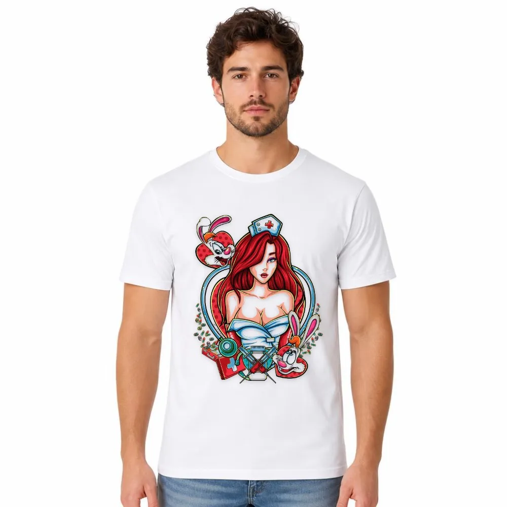 Graphic Tee Men Red Hair Nurse Pin Up Girl Funny Rabbit Kit Short Sleeve Festival Outfits Top