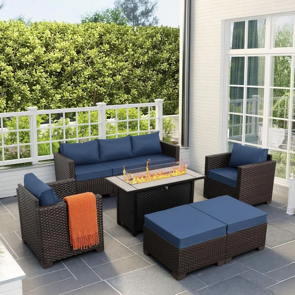 

Комплект садовой мебели из 6 предметов с газовым очагом 45 дюймов, темно-синими подушками и водонепроницаемыми чехлами