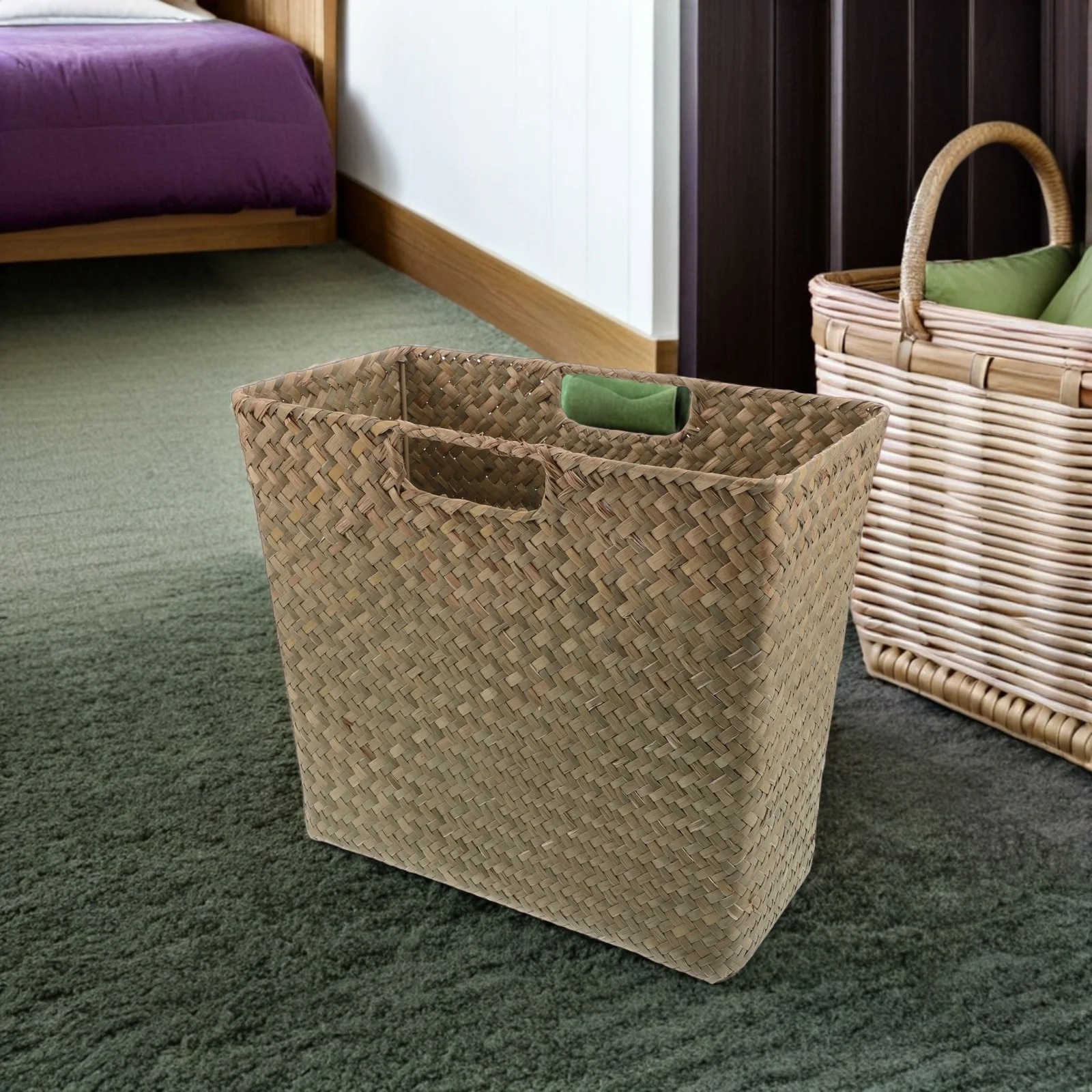 

Hand-Woven Seagrass Storage Basket 13.76X11.79X7.15In Dual Handles Organizer For Home Shelf Living Room Boho Rectangular