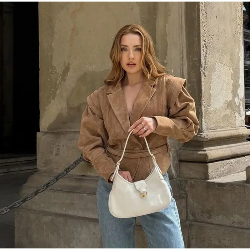 Autumn New Streetwear Fashion. Waistband Shoulder Cushion Deerskin Velvet Jacket for Women Is Elegant Stylish.casual Versatile.