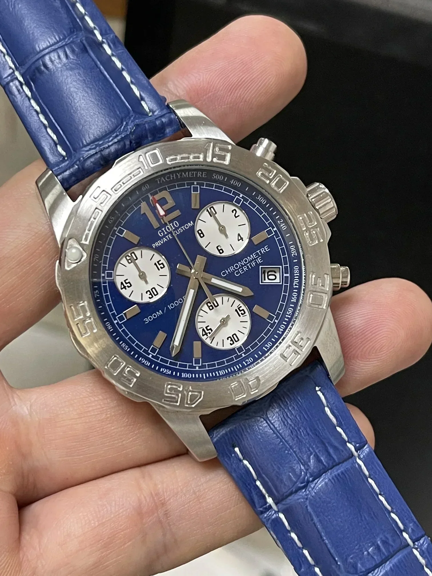 Luxe Heren Quartz Chronograaf Horloge Zwart Blauw Lederen Keramische Bezel Rvs Lichtgevende Saffier