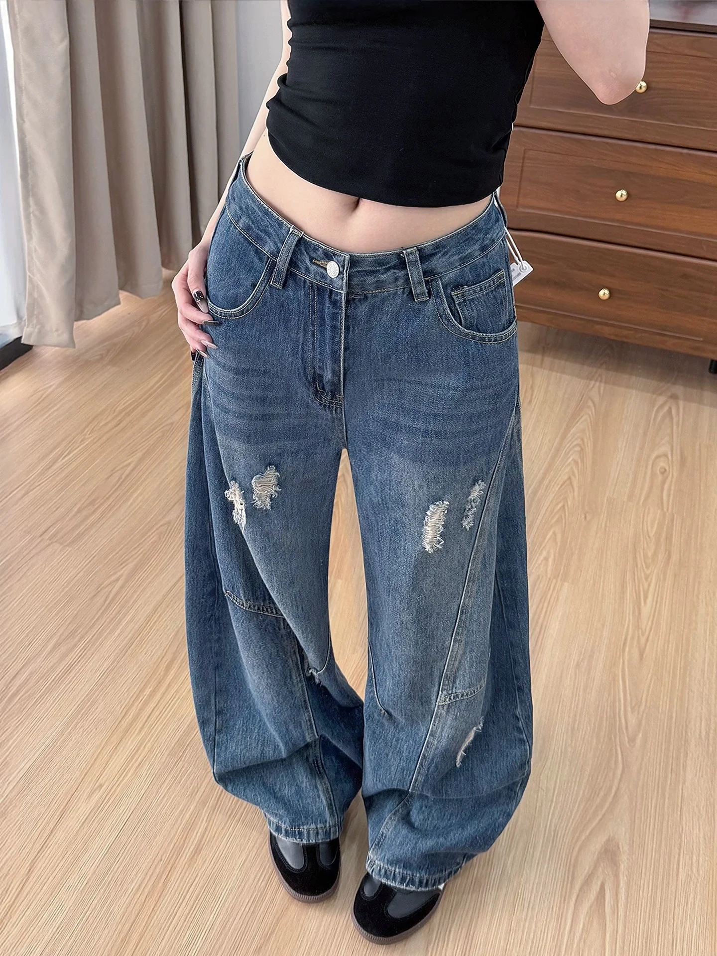 

Retro Blue Faded Denim Jeans Women's Summer New Loose Drapey Wide Leg Pants High Waist Zipper Closure Regular Fit Casual Jeans