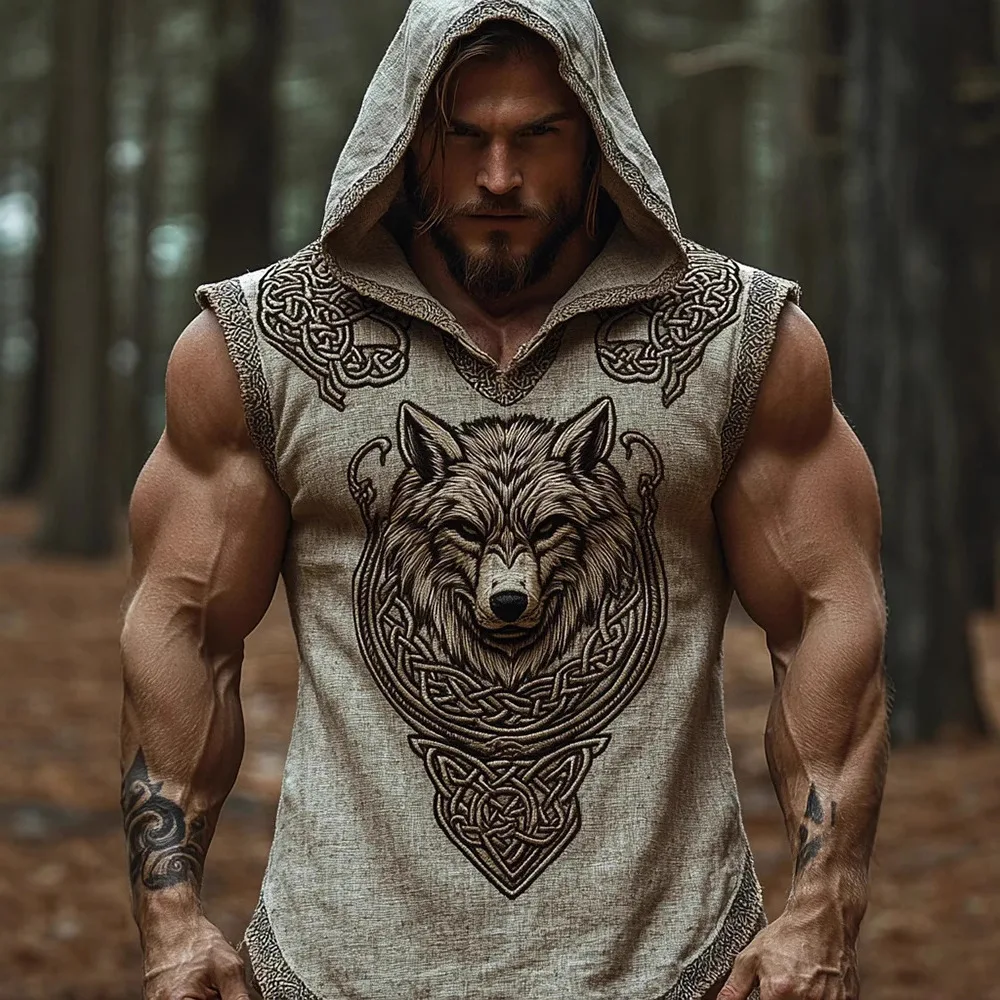 Ethnic Men's Summer Sleeveless linen Casual Pullover Hoodie Top 2025 Vintage Print V-neck Trendy Perspective Hoodie Sweatshirt