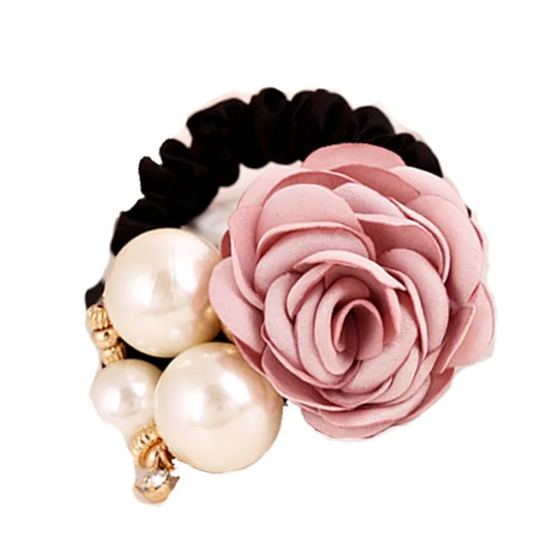 Hair Ties Korean Faux Pearl Fabric Rose Flower Scrunchie Wide Rubber Band for Women Girls Thick Hair Thin Hair Accessories