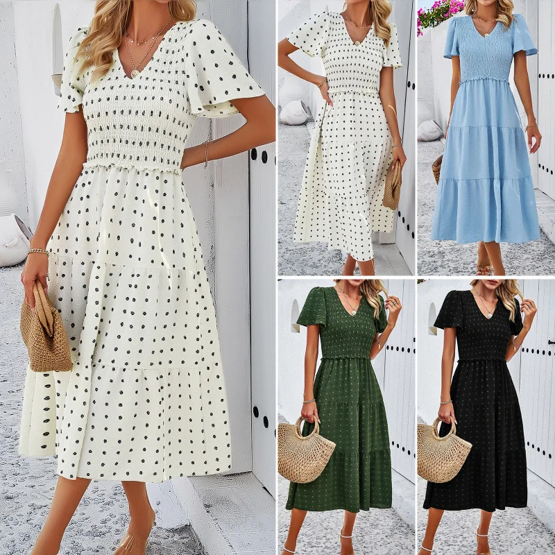 

New Women's Fashion Hot Sale2025Spring and Summer Hot Sale Temperament Leisure Olive Solid ColorVCollar Short Sleeve Dress