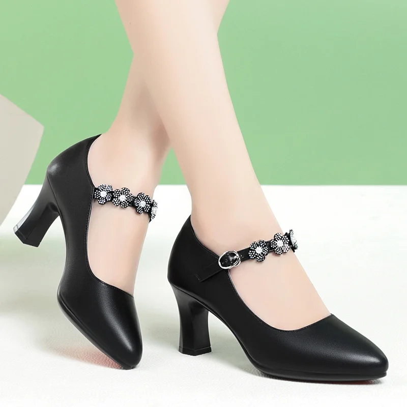 Women Pumps Flower Mary Jane shallow mouth Shoes Dress One-line Buckle Pointed Toe Medium Elegant Heels Soft Leather Shoes