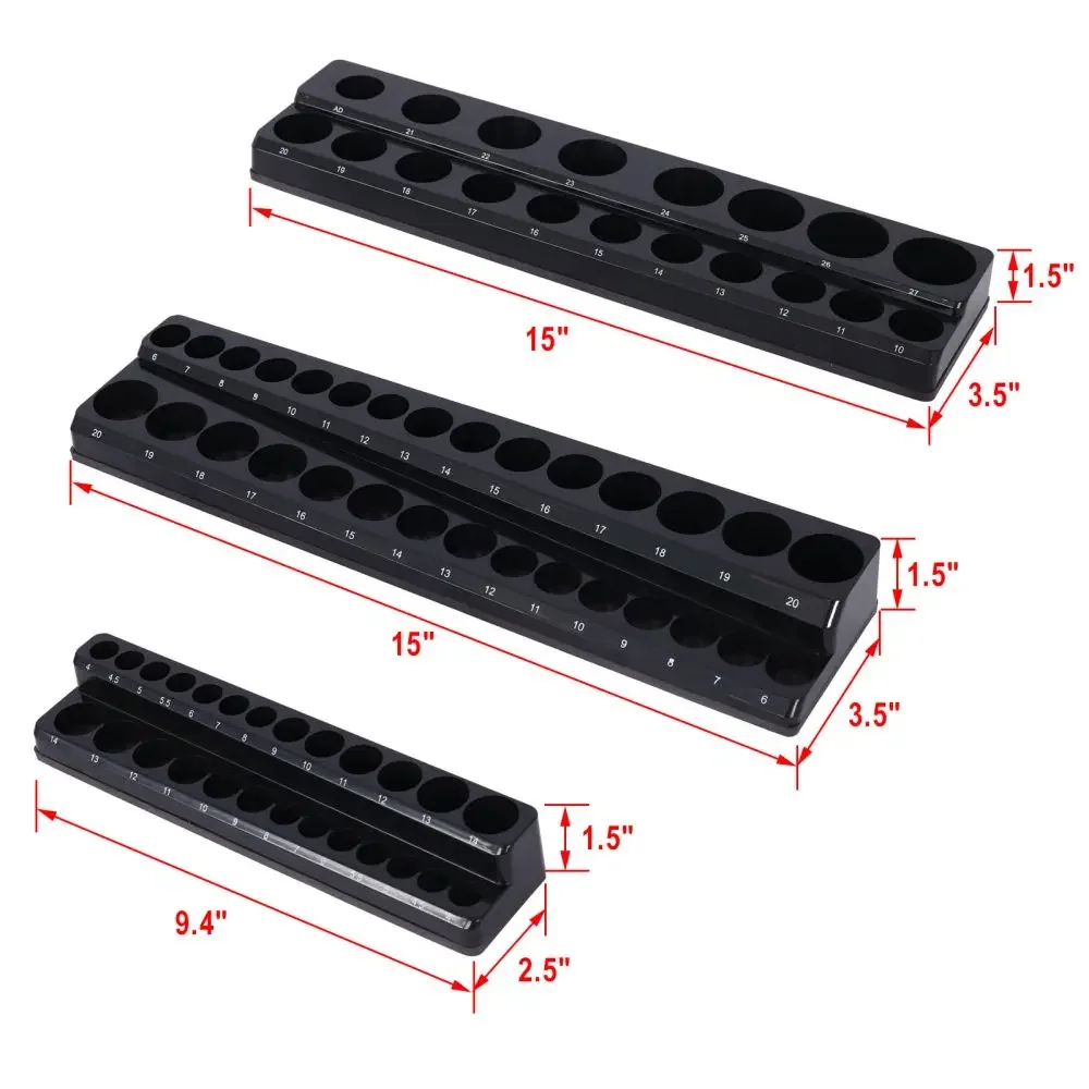 미터법 소켓 오거나이저, 소켓 정리함, 소켓 거치대, 블랙 도구 상자 오거나이저, 3 개 세트, 블랙, 미터법