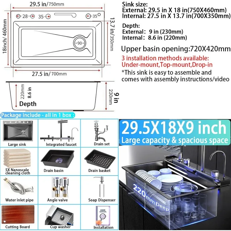 Kitchen Sink, Drop In Waterfall Sinks Workstation with Faucet Combo and Sink Cup Washer Stainless Steel Single Bowl Modern Smart