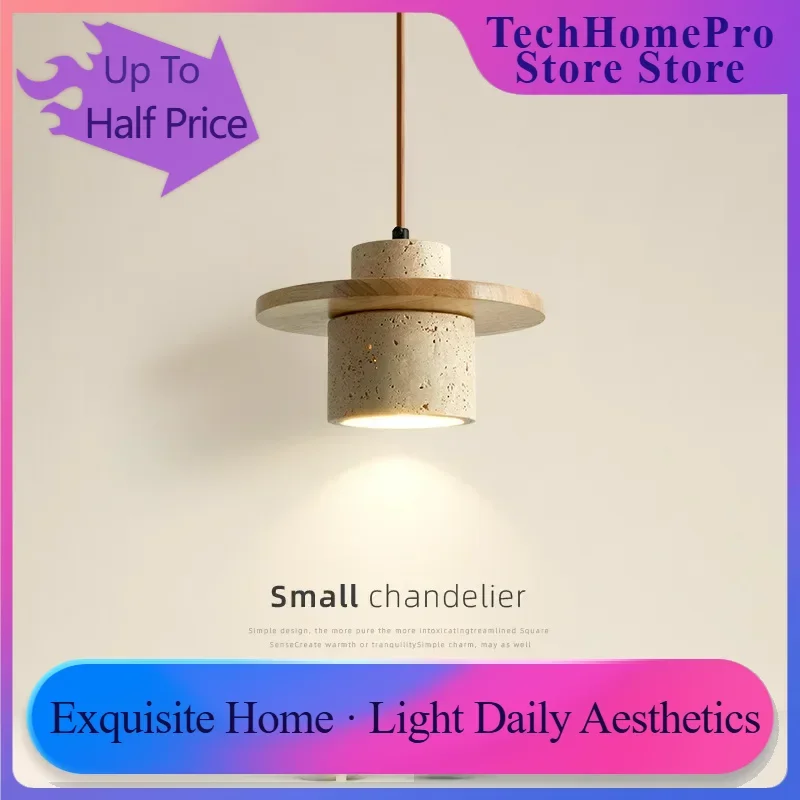 TechHPHigh Quality Stone Pendant Light Indoor LED Walnut/Log Yellow Travertine Chandelier Parlor