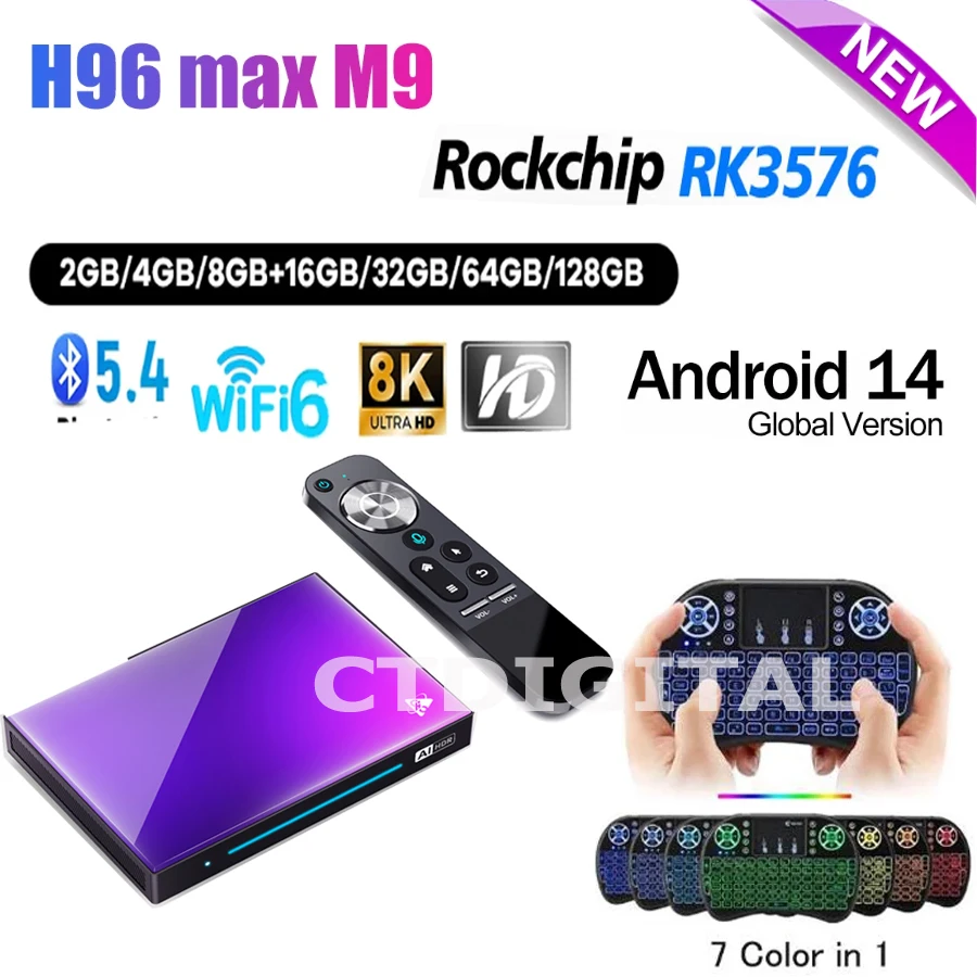 صندوق تلفاز ذكي H96 MAX M9 Android 14 ، RK3576 ، 8GB ، 8K HD ، M ، DDR4 ، USB ، مشغل وسائط ، WiFi 6 ، BT5.4 ، AV1 ، الأحدث
