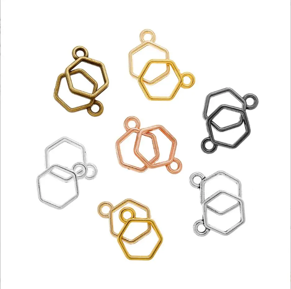 100pcs 16*11mm Mini hexagon Charm Hollow Glue Blank Pendant Tray Bezel Charms DIY Bracelet Necklace Handmade Bezel Mold F0457