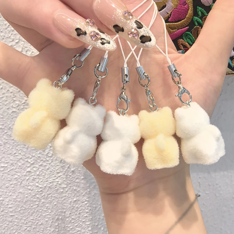 Kawaii Flocking 3D Mini Suspension Cat Animal Creative Resin Cartoon Phone Case Hanging Rope Buckle DIY Gift For Boys And Girls