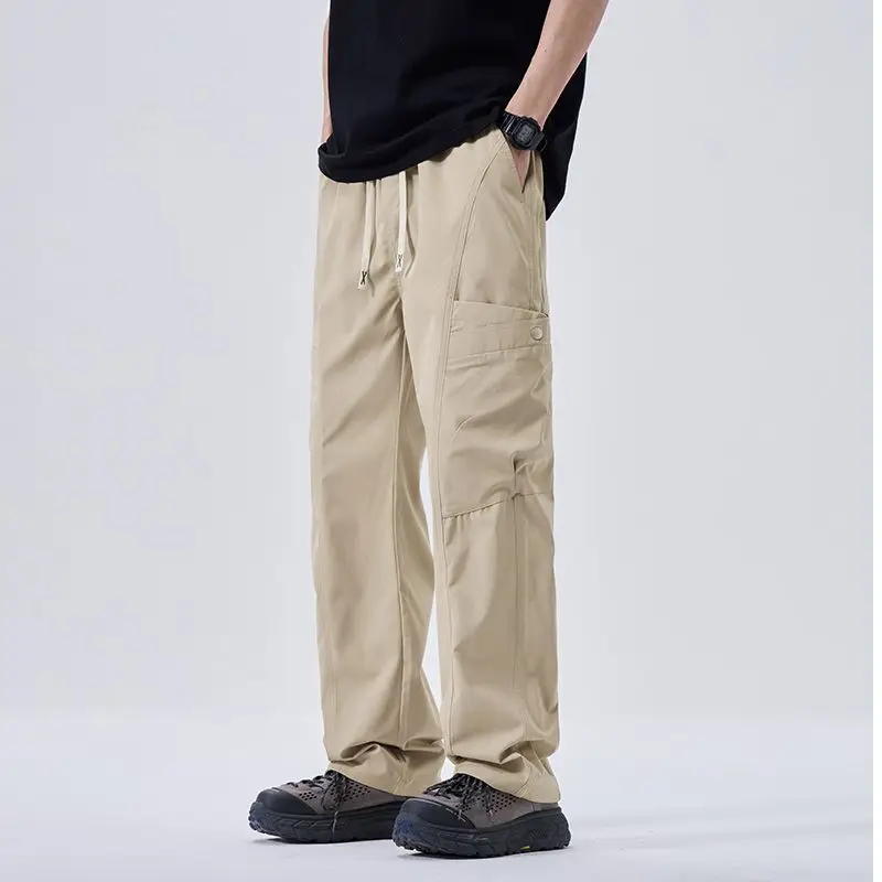 

Men's casual patchwork work pants with drawstring tightness, comfortable waist and head, versatile floor-length casual pants