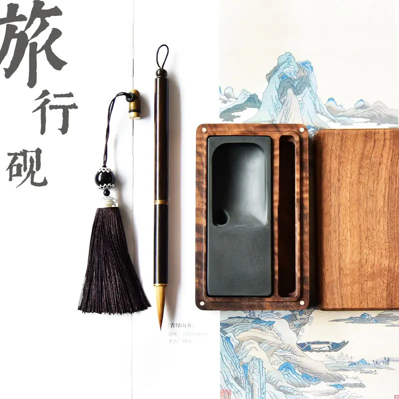 

Portable Inkstone Calligraphy Set with Portable Ink Storage, Natural Raw Stone, High end Study Wolf Hair Pen