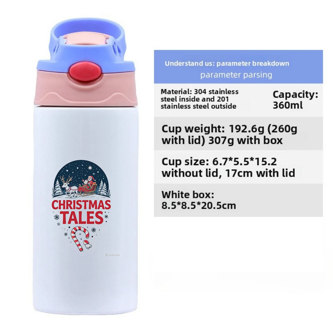 كوب حراري من الفولاذ المقاوم للصدأ 304 + كوب بقشة سانتا كلوز كرتوني للأطفال زجاجة مياه هدية عيد الميلاد والعام الجديد