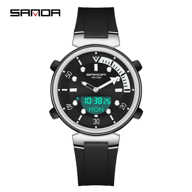 SANDA 2025 New Dual Display Watch for Men and Women with Electronic and Quartz Movement, 50m Waterproof Luminous Student Watch