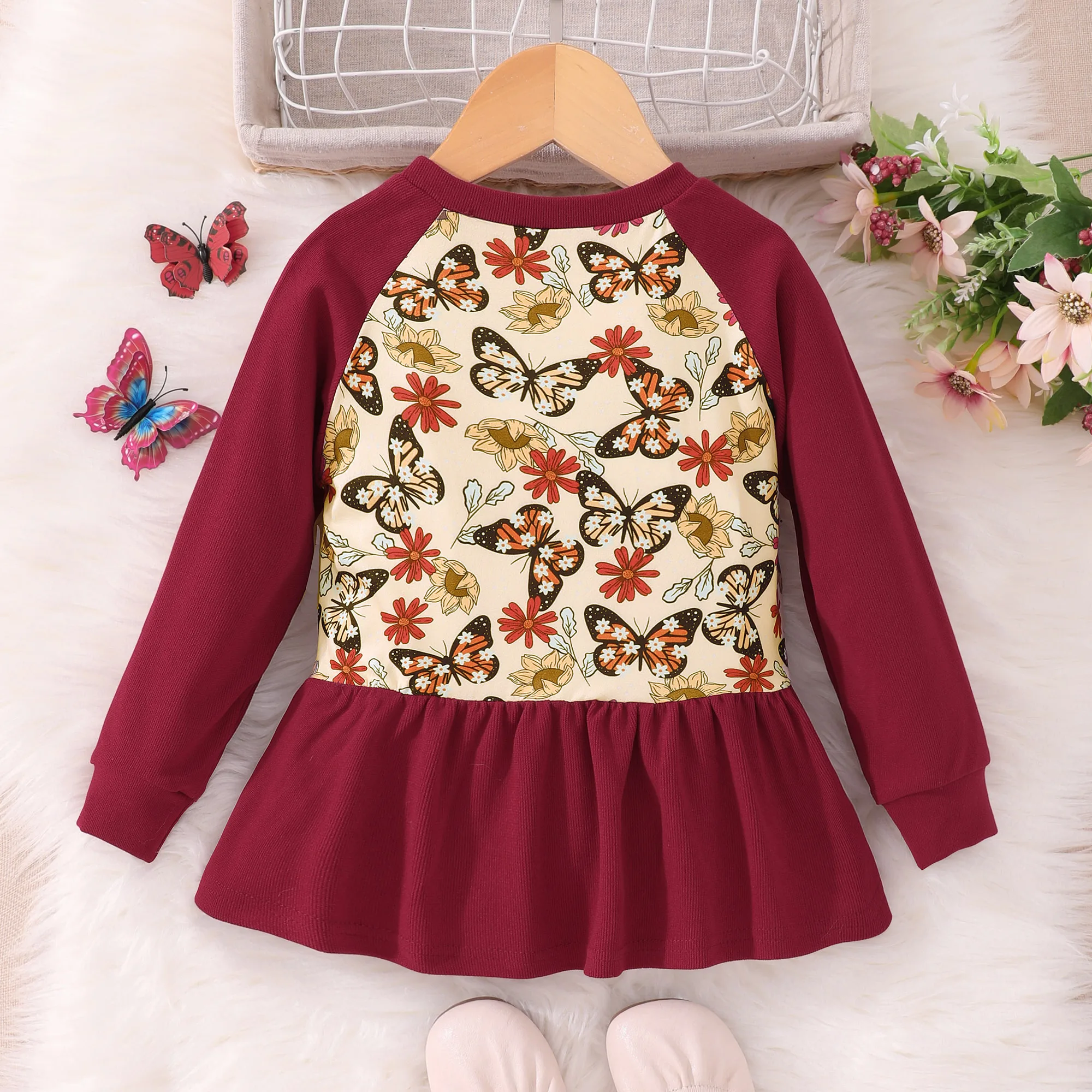 2023 Children\'s Clothing Girls Autumn Top Fashion Casual Long Sleeve Round Neck Panel Dinosaur Butterfly Print Sweater