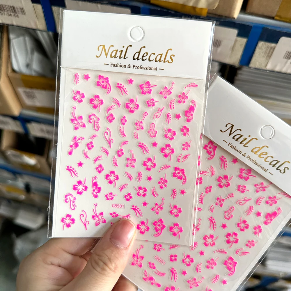 1pcs 3D 핑크 화이트 히비스커스 꽃 네일 아트 스티커 여름 히비스커스 열대 잎 접착 데칼 꽃 우아한 네일 장식