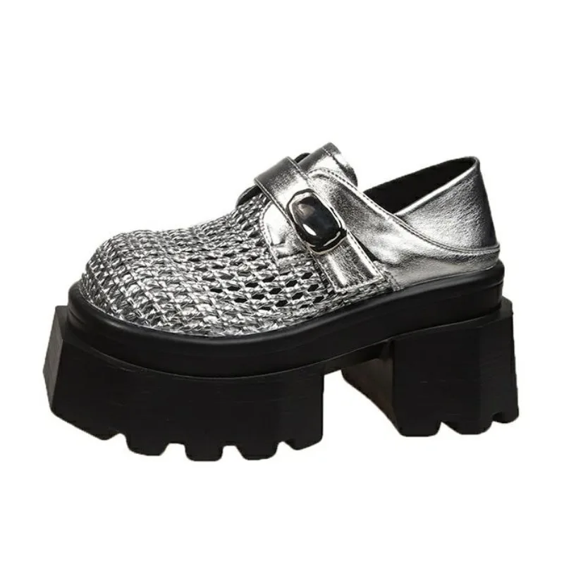 

8.5CM New Synthetic Leather High-heeled Platform Wedge Sandals Women Summer Weaving Breathable High Heels Chunky Sneakers Woman