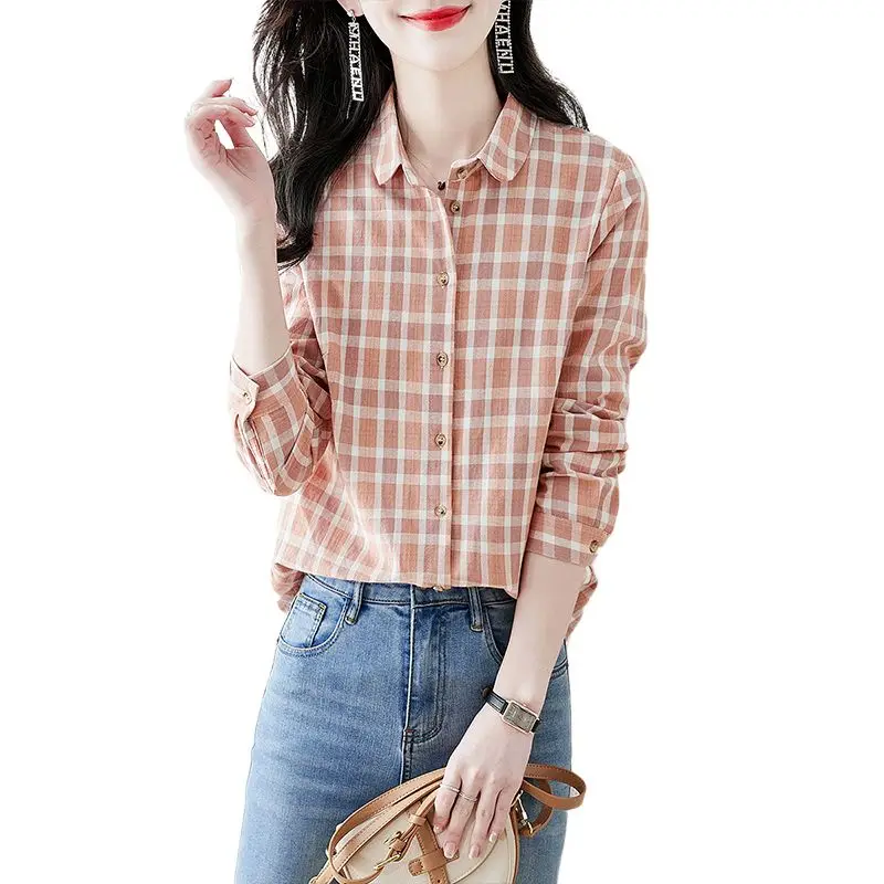 Casual Simplicity Lattice Blouse High-quality Long Sleeve Slim Autumn Office Polo Collar Dovetail All-match Lady Shirt 2023