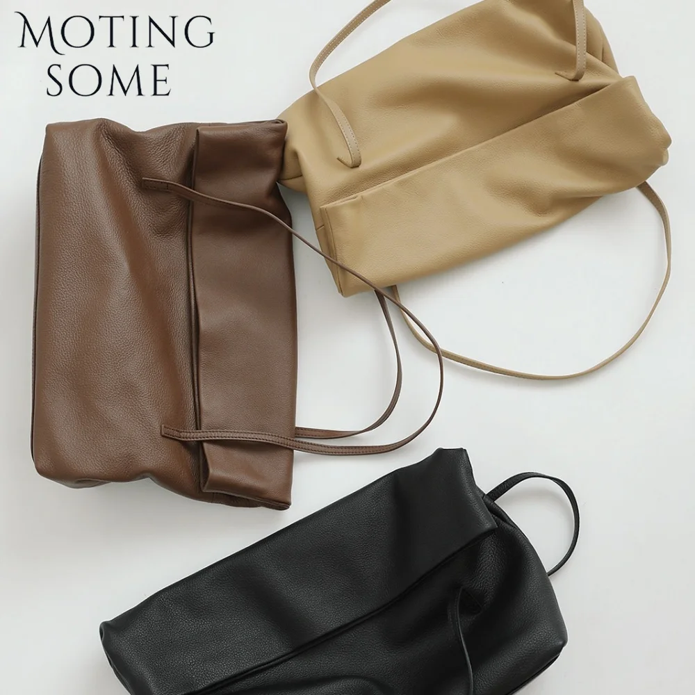 MOTINGSOME Soft Genuine Leather Fold Handbag Roomy Shoulder Handbags Minimalism Tote 2026 New in Slack Flip Tote Portable Purse