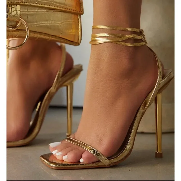 

2024 Summer Women's High Heels Open Toed Strap Solid Color Luxury Women's High Heel Dress Party Limited Edition Gold High Heels