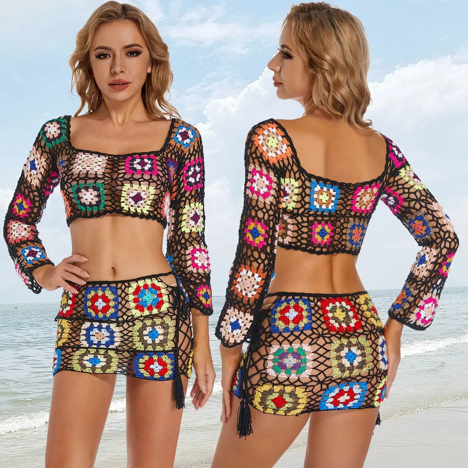

Handmade Crochet Bikini Beach Vacation Casual Granny Square Pattern Mini Shell Swimming Skirt Set