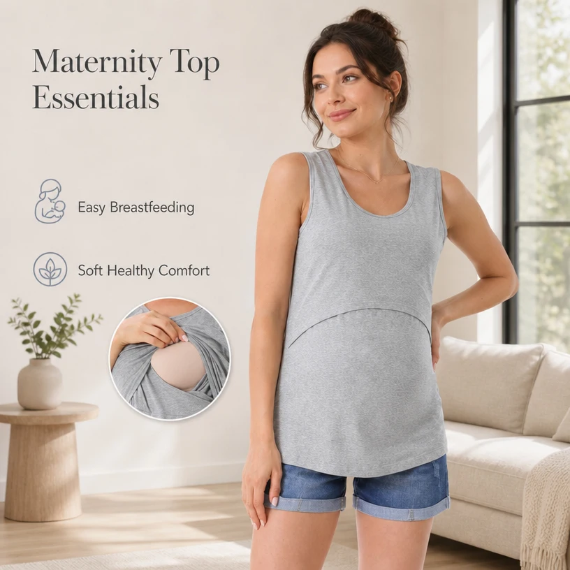 Sleeveless Maternity Nursing Tank Top U-Neck Lift-Up Breastfeeding Vest Stretch Cotton Pregnancy Camisole for Comfortable Wear