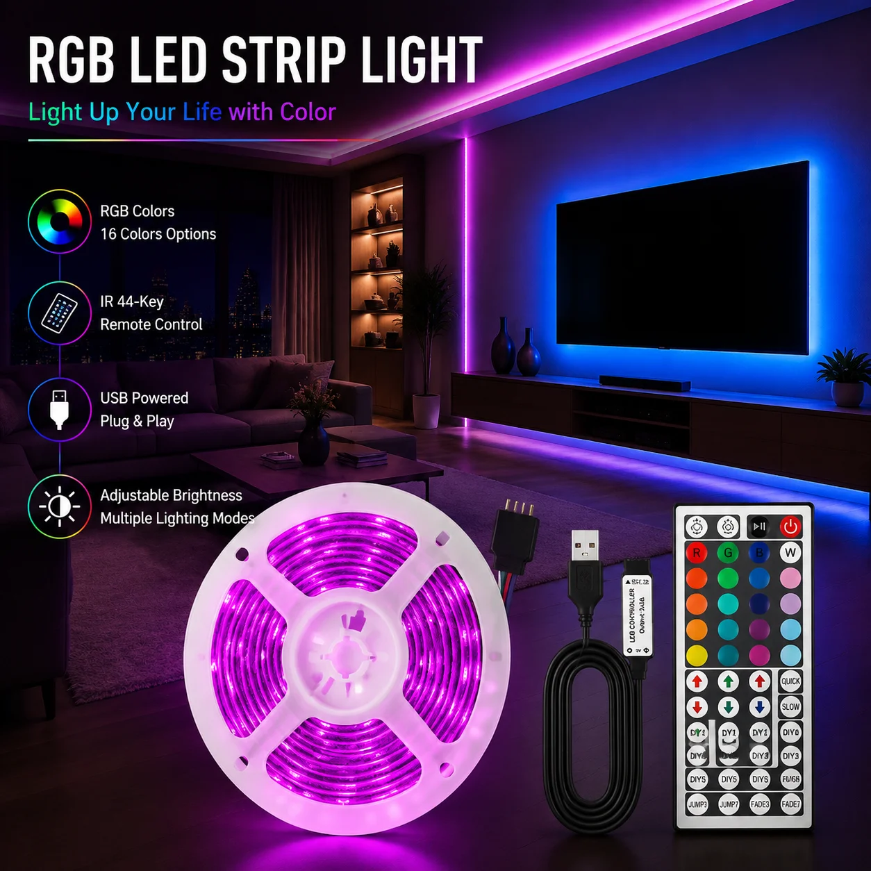 Up to 30 meters of RGB light strip, for room decoration. USB powered. 44-key remote control. Party and holiday decorations.