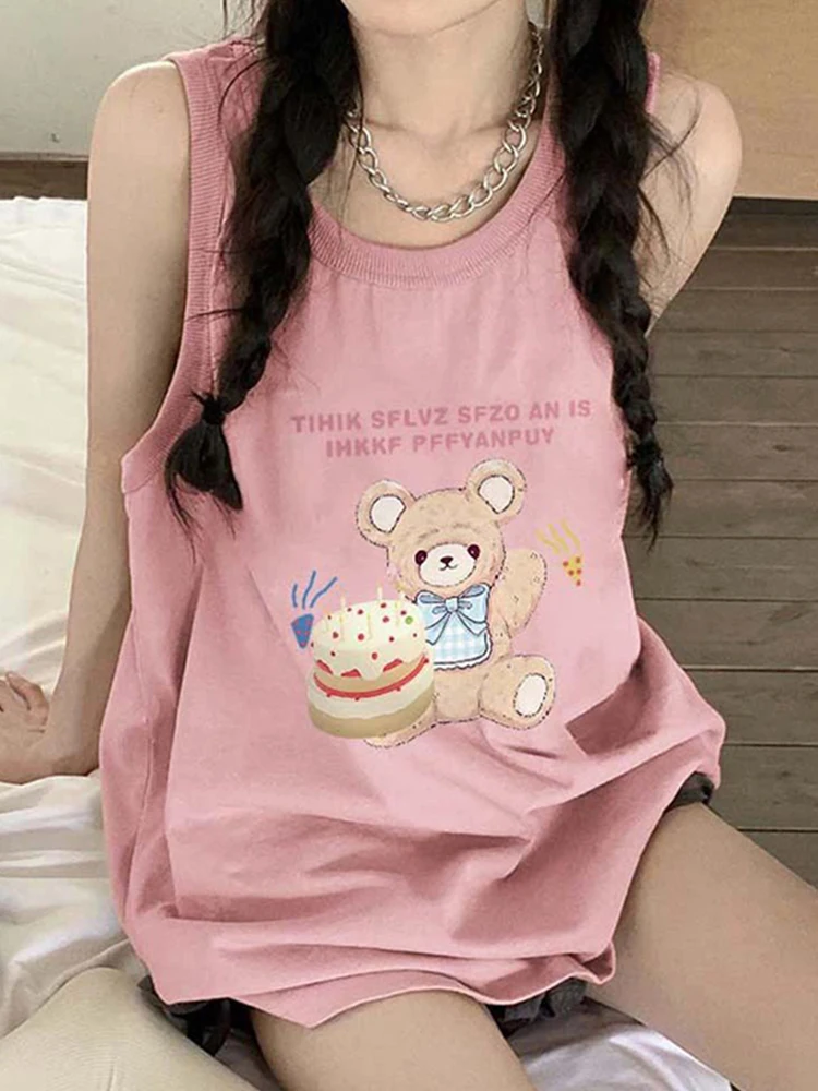 korean-style-sweet-cartoon-letter-print-sleeveless-t-shirt-women's-loose-summer-new-style-top-ins-style-casual-fashion