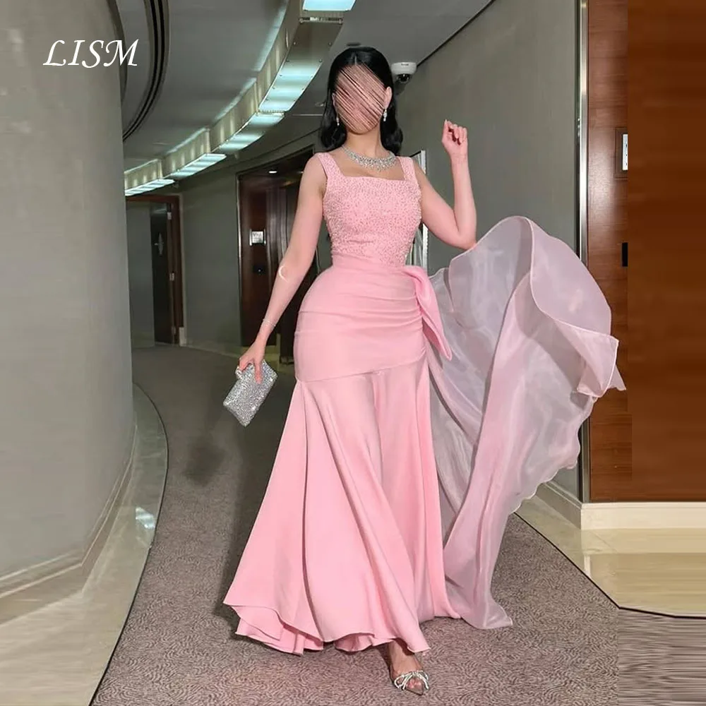 

LISM Pink Square Collar A-Line Evening Dresses Beads Silk Chiffon Long Elegant Prom Dresses Customized فستان المساء
