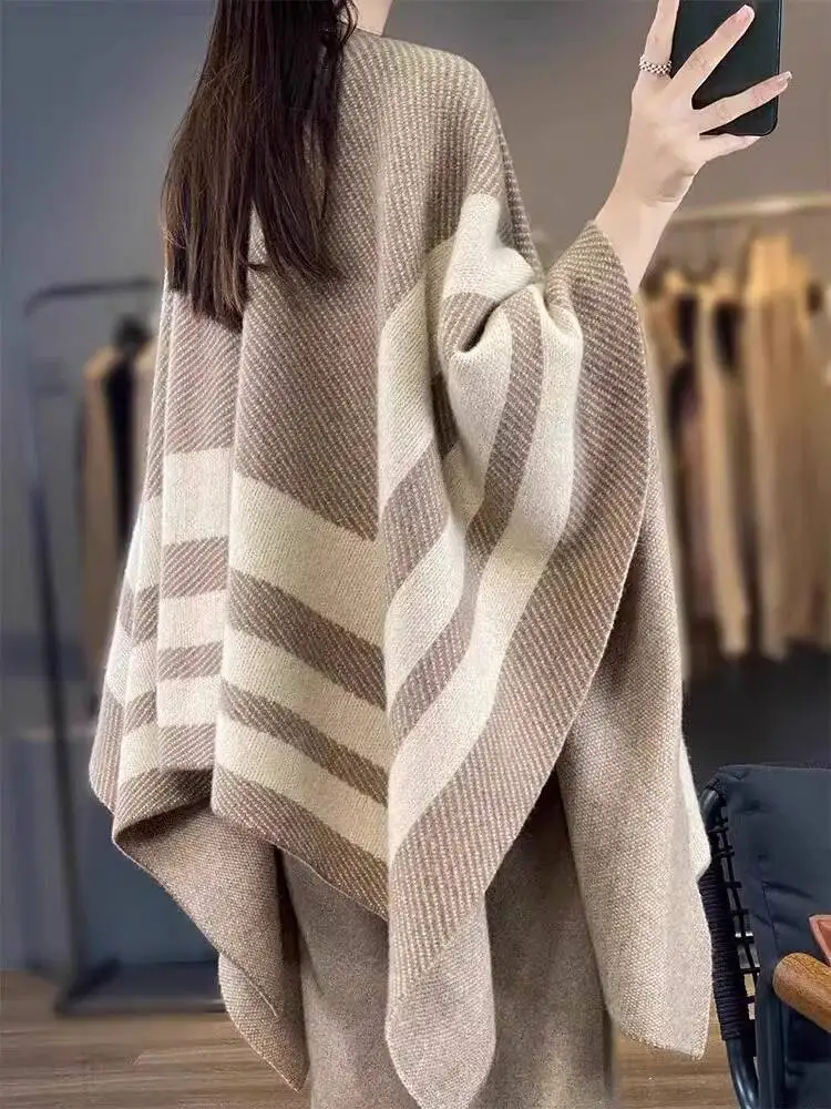

Fashion Elegant Comfort Core Spun Yarn Cape Coat Knit Stripes Cardigan Poncho Women Autumn Winter Shawl Long Thick Wraps Blanket
