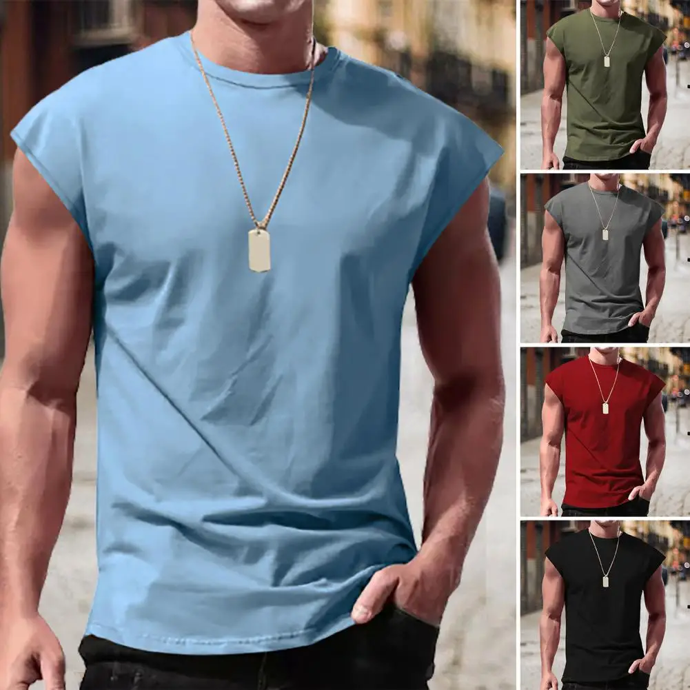 Men Sleeveless Solid Vest Tops Casual Sports Fitness Gym Muscle Tee Tank T-Shirt Solid Color Round Neck Pullover Tank Tops