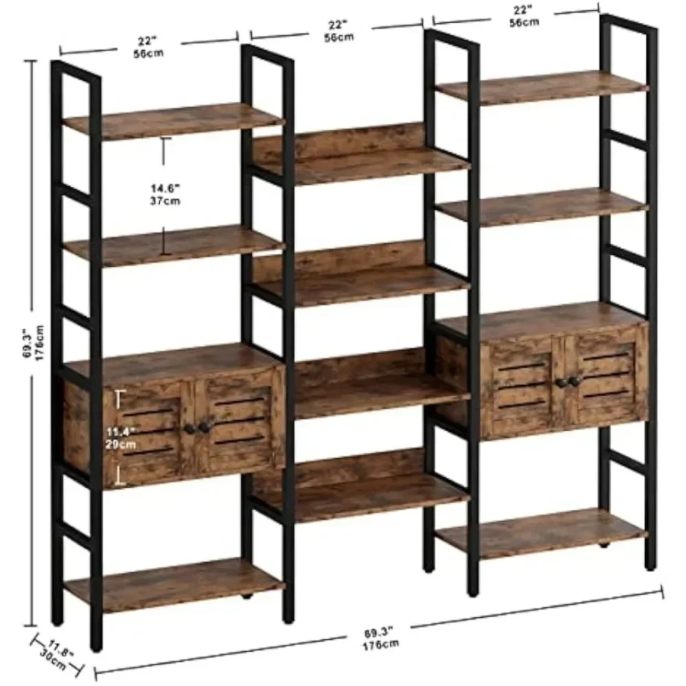 Bookcases, 5 Tiers with 2 Louvered Doors Triple Wide Display Shelf with Storage Cabinet  Iron Trapezoid Wall Mount Bookcase