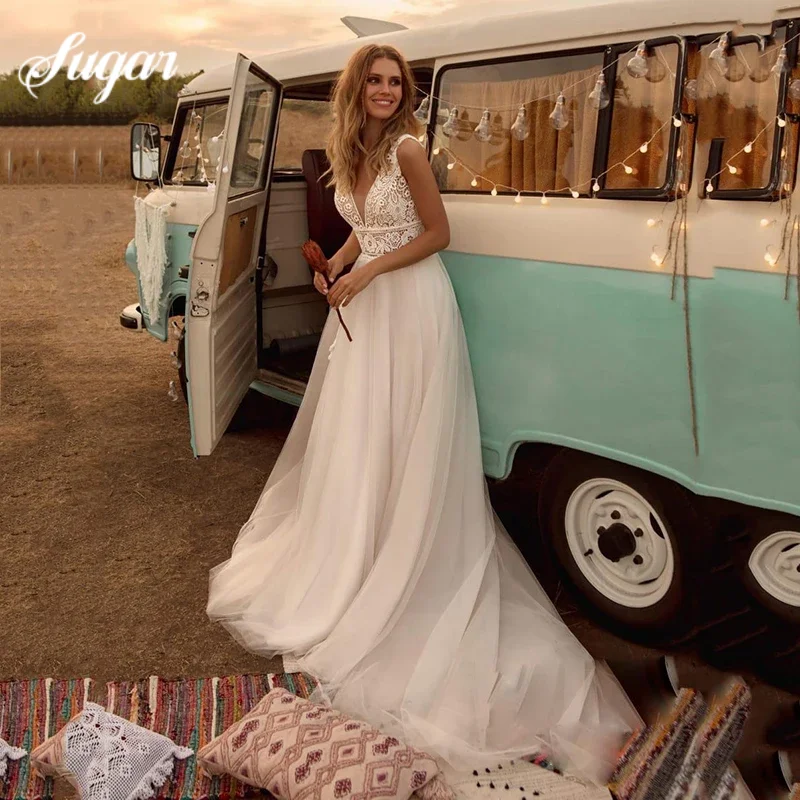 Tiulowe Suknie Ślubne Dekolt V 2025 Linia A Koronkowe Aplikacje Plażowe Vintage Suknie Ślubne Szyte na Miarę Suknie Ślubne w Stylu Bohemy Personalizowane