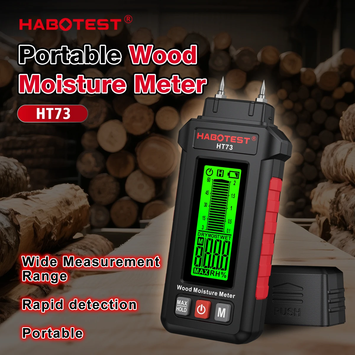 HT73 الرقمية الخشب مقياس الرطوبة 0-99.9% اثنين دبوس عالية الدقة الأخشاب ورقة جهاز اختبار الرطوبة شاشة الكريستال السائل كاشف الرطوبة