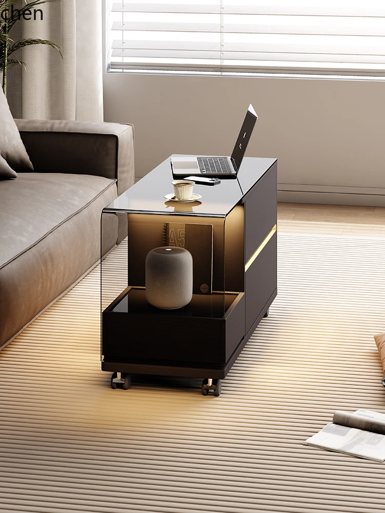 HT  Minimalist Coffee Table Living Room Light Luxury High-end Feel Movable Side Cabinet