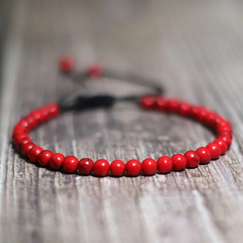 Pulsera ajustable de piedra minimalista para hombre, brazalete hecho a mano de ágata Natural de 4mm, cuentas de roca turquesa roja, joyería exquisita