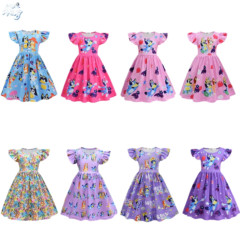 

Bourrouilh Blue Dog Cartoon Children's Skirt Flying Sleeve Girl Dress Children Princess A-line Skirt Girl's Birthday Present