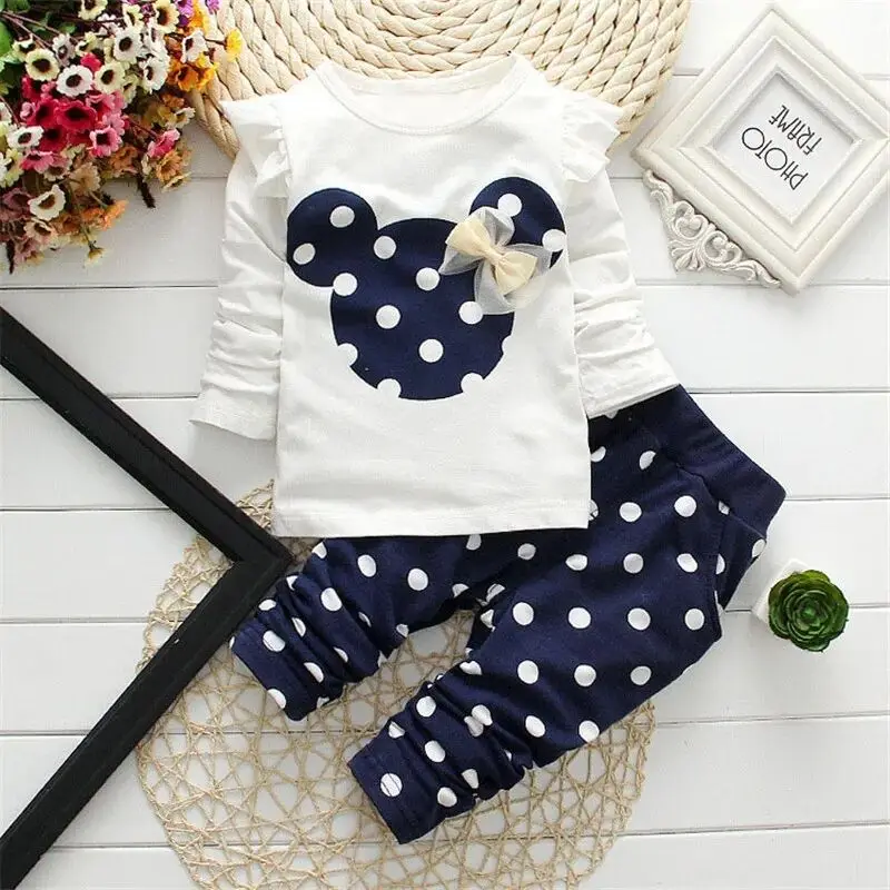 Children\'s Set 0-2 Year Old Pure Cotton Dot Girl\'s Long sleeved T-shirt Long Pants Set Bow Girl Pullover Long Pants Set