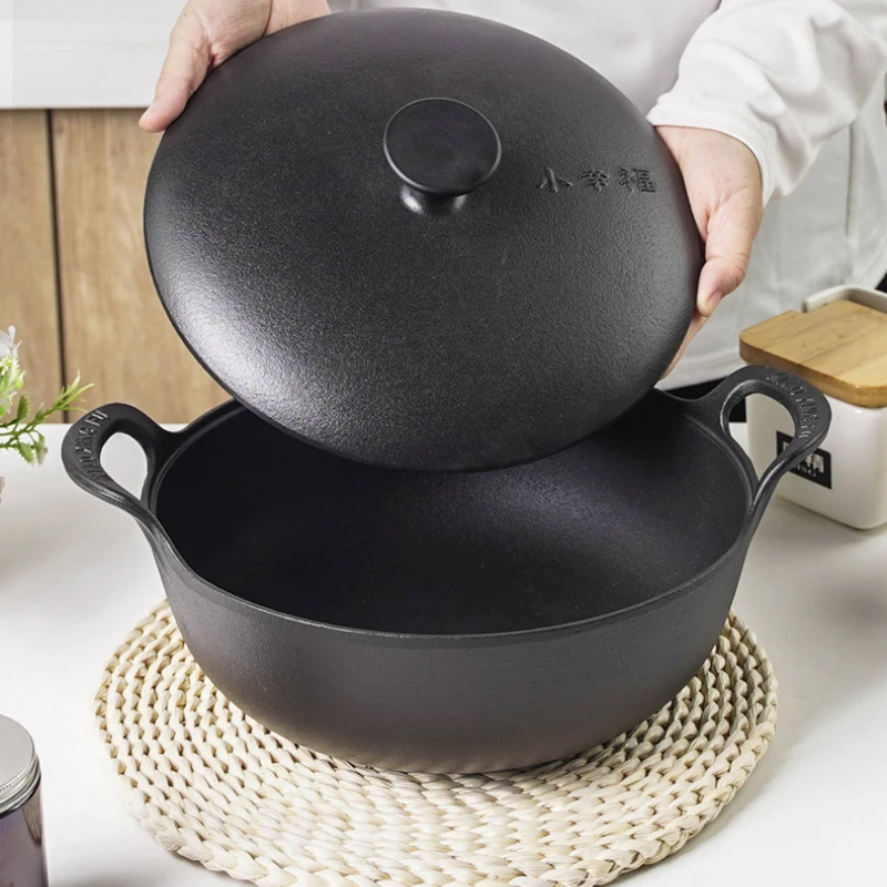 Cast iron lid ingot pot, thickened uncoated pot, household multifunctional flat-bottomed wok, built-in micro-pressure soup pot