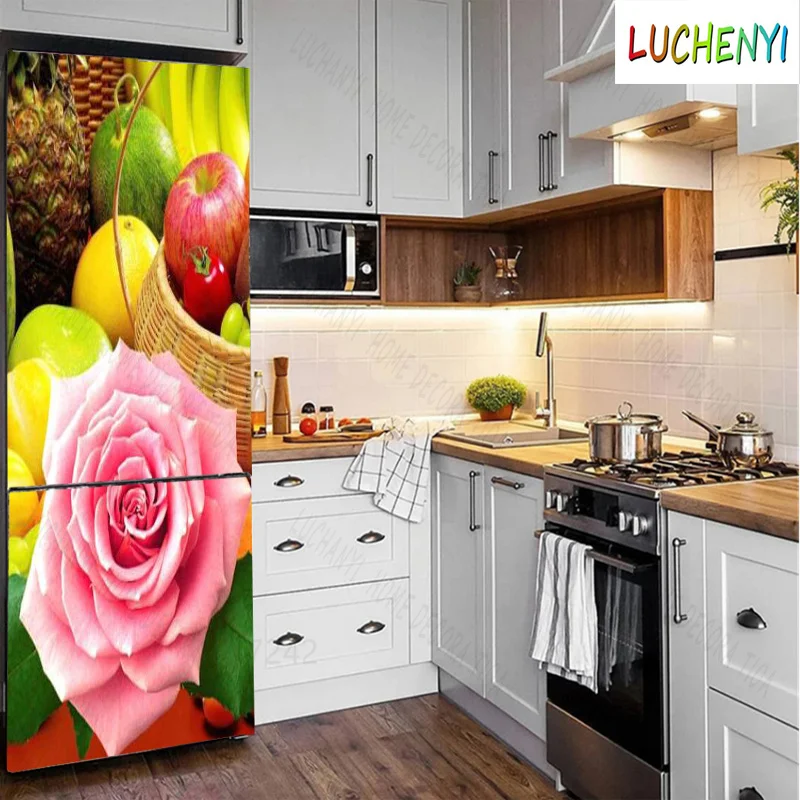 Papel de parede  green apple lemon flowers water refrigerator sticker  door stickerkitchen fridge wallpaper mural , home decor